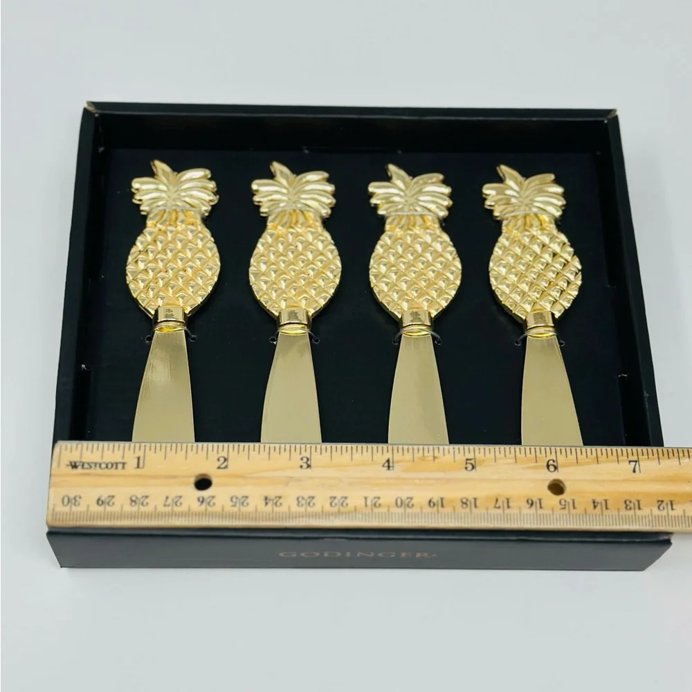 Godinger Pineapple Design Dessert Cheese Spreaders Gold Finish Set of Four w/box